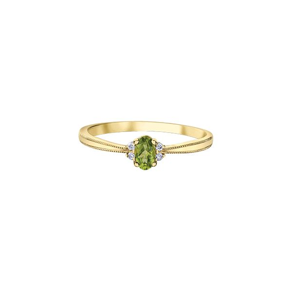 10KY YELLOW GOLD BIRTHSTONE RING WITH PERIDOT 5X3 MM WITH 4 DIA=0.03CT  SIZE 6.5 Taylors Jewellers Alliston, ON