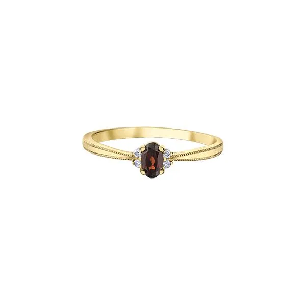10KY YELLOW GOLD BIRTHSTONE RING WITH GARNET 5X3 MM WITH 4 DIA=0.03CT  SIZE 6.5 Taylors Jewellers Alliston, ON