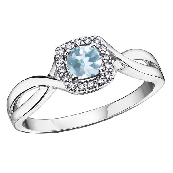 10kt White Gold Aqumarine & 0.072cttw Diamond Halo Ring Taylors Jewellers Alliston, ON