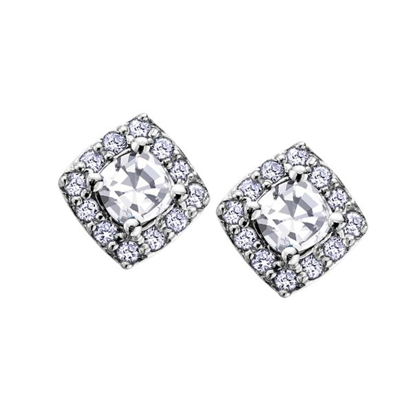 WHITE ZIRCON BIRTHSTONE COLLECTION WITH DIAMOND HALO 10KT WHITE GOLD STUD EARRINGS Taylors Jewellers Alliston, ON