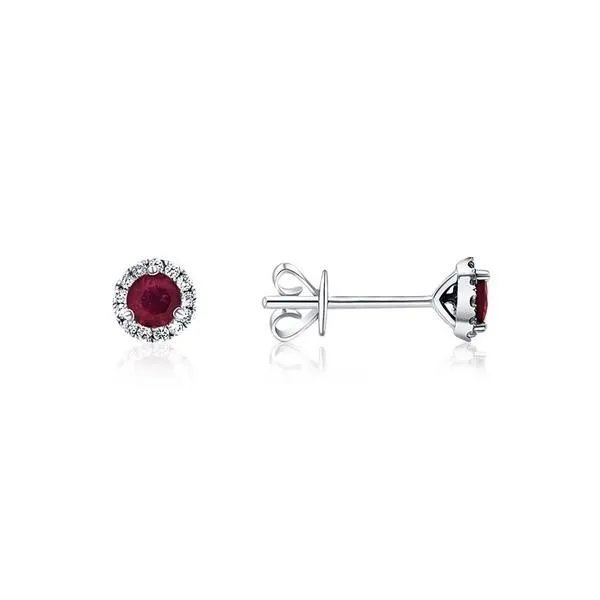 RUBY AND DIAMOND HALO  STUD  EARRINGS IN 14KT WHITE GOLD Taylors Jewellers Alliston, ON