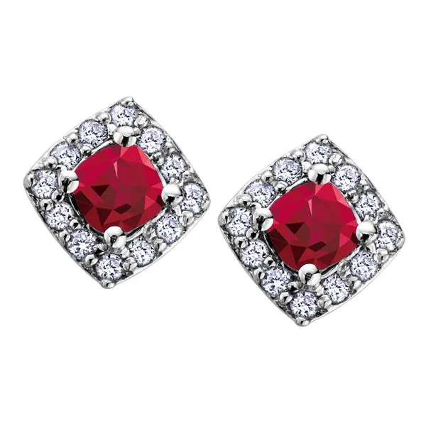RUBY BIRTHSTONE COLLECTION WITH DIAMOND HALO 10KT WHITE GOLD STUD EARRINGS Taylors Jewellers Alliston, ON