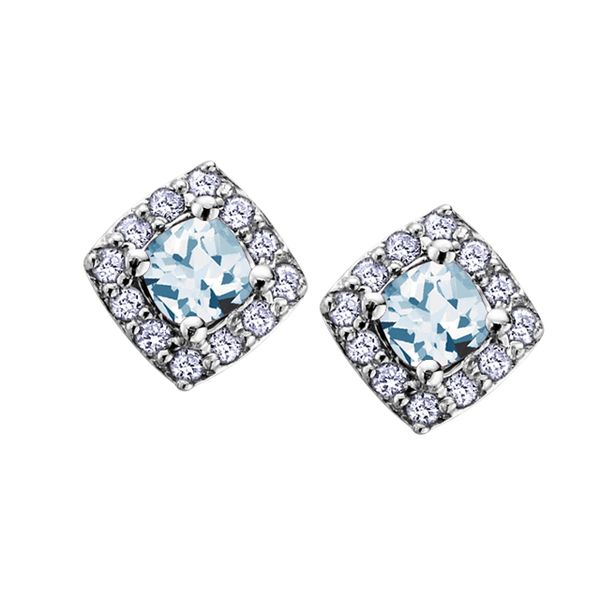 AQUAMARINE EARRINGS WITH DIAMOND HALO  10 KT WG 3X3MM 0.12TDW Taylors Jewellers Alliston, ON