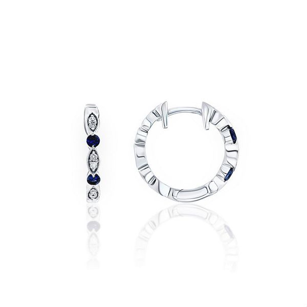 14KT WHITE GOLD HUGGIE EARRINGS WITH  BLUE SAPPHIRE 0.13TCW AND DIAMONDS =0.06CTW Taylors Jewellers Alliston, ON