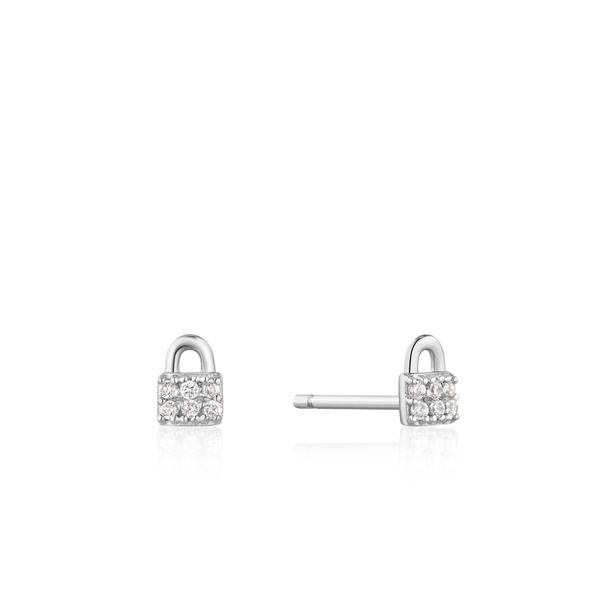 E032-03H Ania Haie Silver Padlock Sparkle Stud Earrings Taylors Jewellers Alliston, ON