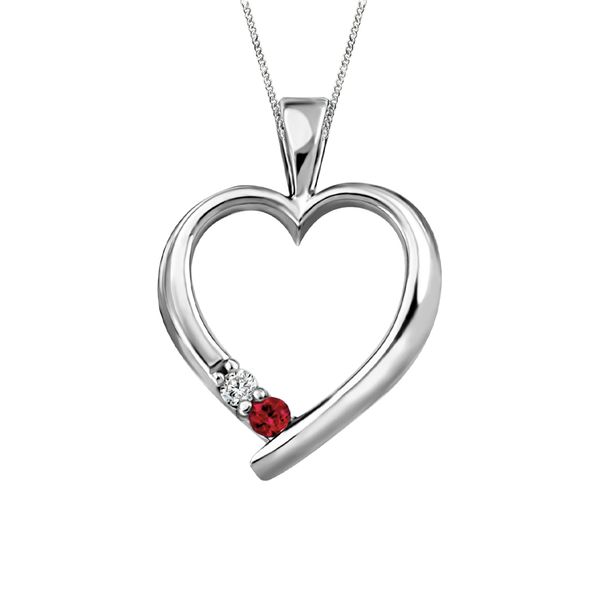Lady's White Polished 10 Karat Heart Pendants Length 18 With One 0.02Ct Round Diamond And One 3.00Mm Round Ruby Taylors Jewellers Alliston, ON