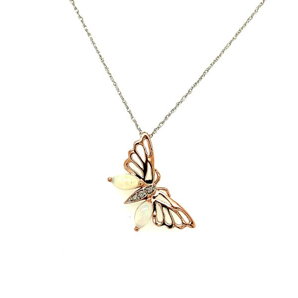 10K Rose and White Gold Butterfly Pendant with Opals and Diamond 0.01TDW Necklace Taylors Jewellers Alliston, ON