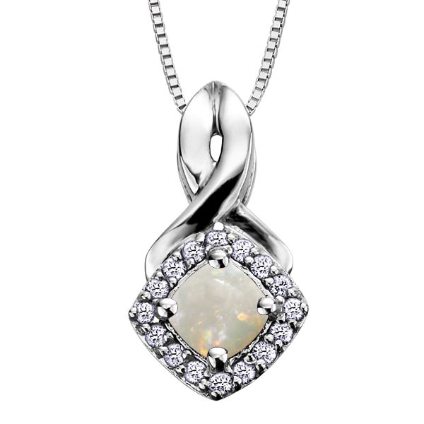 4MM OPAL AND 0.08CT T.W DIAMOND 10KT WHITE GOLD HALO PENDANT Taylors Jewellers Alliston, ON