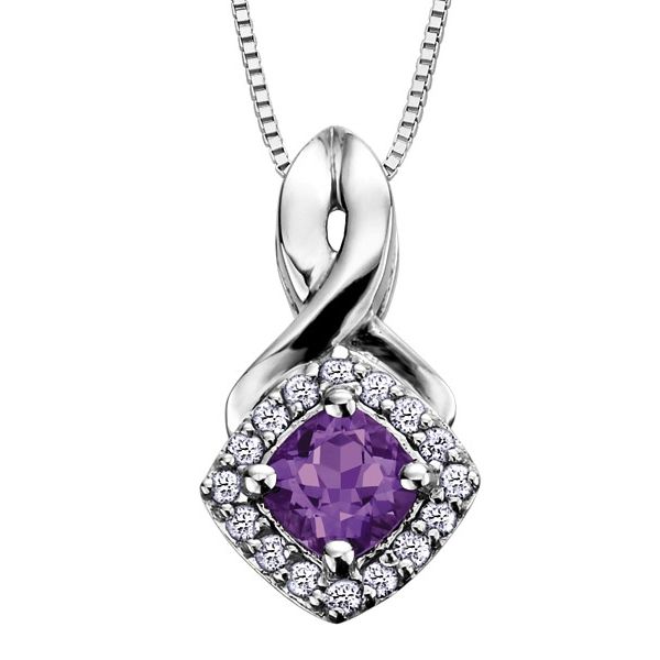 10KT WHITE GOLD AMETHYST AND DIAMONDS NECKLACE 16DIA=0.08TW 4X4MM AMETHYST Taylors Jewellers Alliston, ON