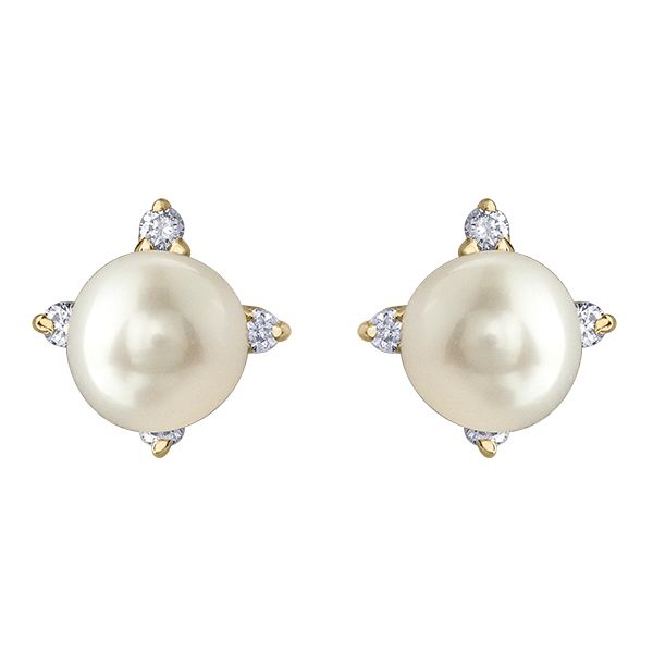 4MM Pearl & Diamond Accent Stud Earrings in 10Kt Yellow Gold Taylors Jewellers Alliston, ON