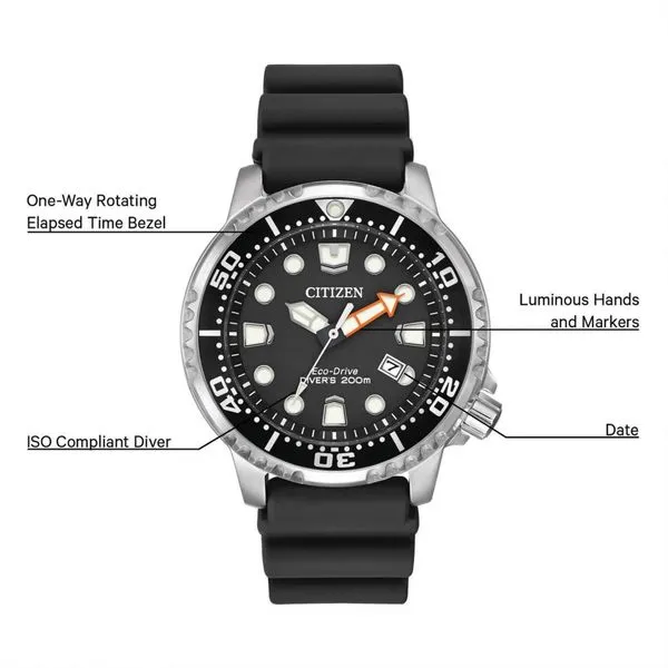 CITIZEN Promaster Diver BN0150-28E | ISO Compliant, Stainless Steel, Black Polyurethane Strap Image 4 Taylors Jewellers Alliston, ON