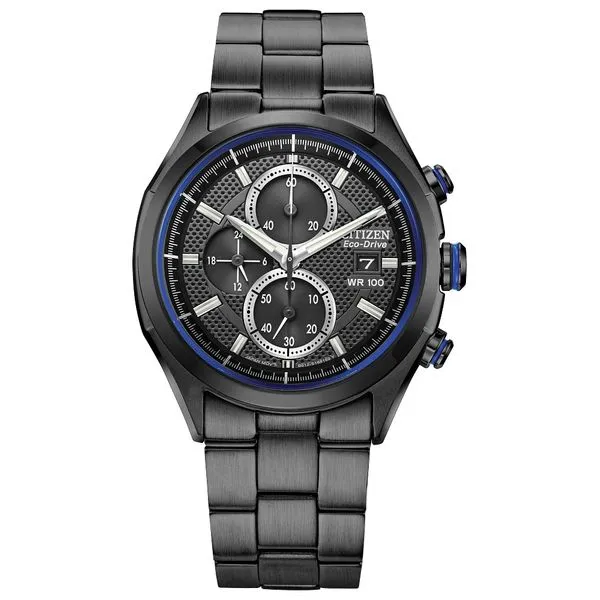 CITIZEN MENS ECO DRIVE WR100 S/S BLACK  FACE BLUE BEZEL 12/24 HOUR TIME Taylors Jewellers Alliston, ON