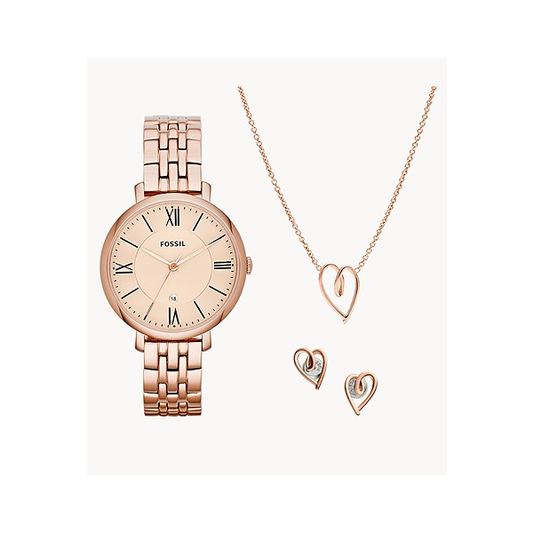 ES5252SET Fossil Jacqueline Three-Hand Date Rose Gold-Tone Stainless Steel Watch and Jewellery Set Taylors Jewellers Alliston, ON