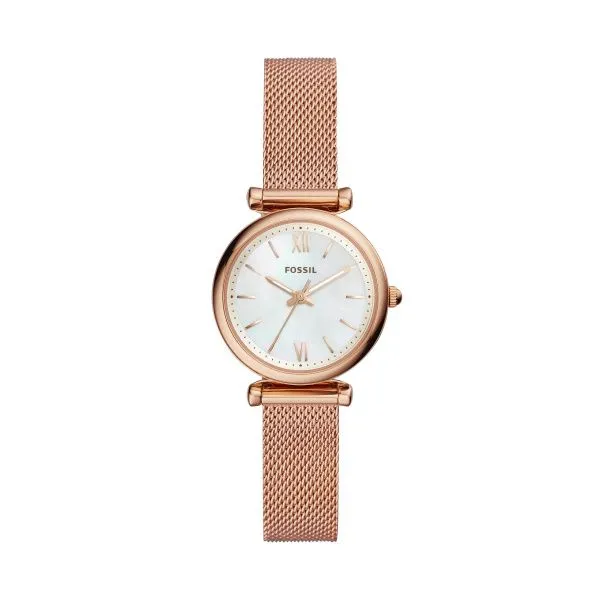 ES4433 Ladies Fossil Watch Carlie Mini With Rose Gold Color Mesh Strap And Mop Dial