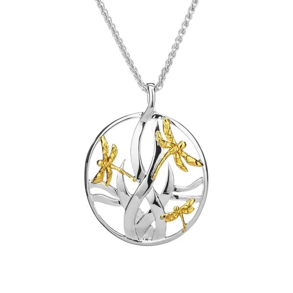 STERLING SILVER &10KT YELLOW GOLD DRAGONFLY IN REEDS LARGE PENDANT 20