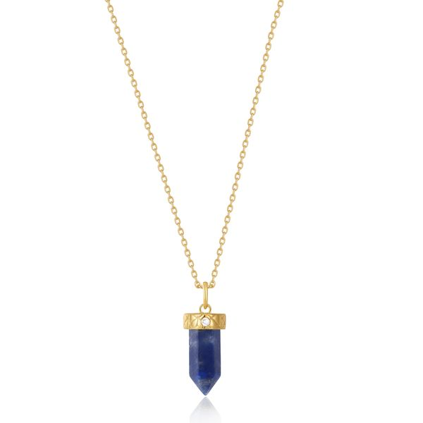 N039-03G-L Gold Lapis Point Pendant Necklace Taylors Jewellers Alliston, ON