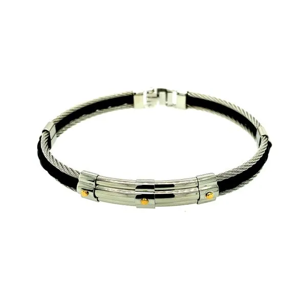 ITALGEM S. STEEL IONIZED PLATED  BLACK LEATHER DOUBLE CABLE 8.2' BRACELET Taylors Jewellers Alliston, ON