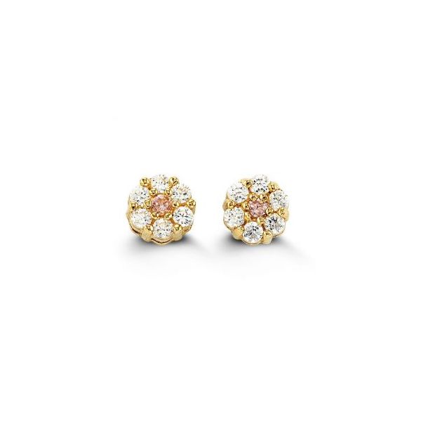 14KT YELLOW GOLD FLOWER STUDS WITH PINK CZ SCREW BACKS Taylors Jewellers Alliston, ON
