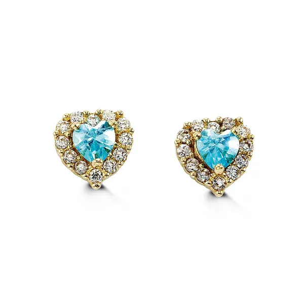 14KT YELLOW GOLD HEART WITH BLUE CZ BABY EARRINGS Taylors Jewellers Alliston, ON