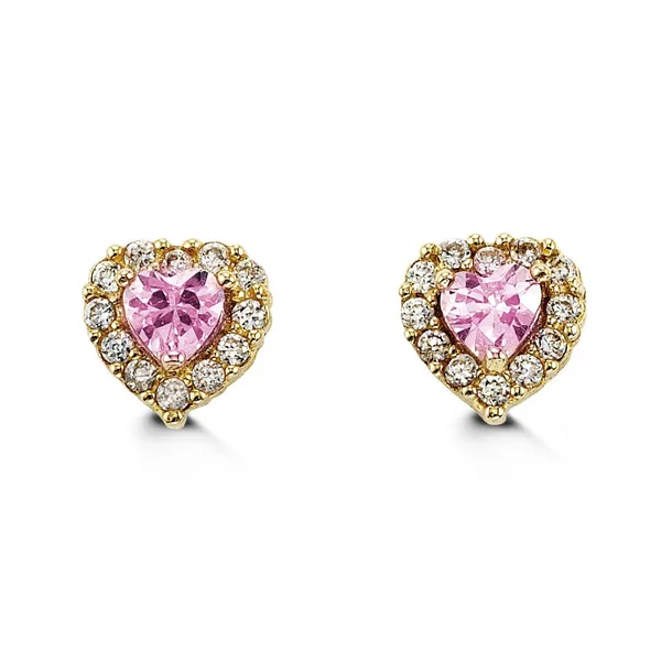 14KT YELLOW GOLD HEART WITH PINK CZ BABY EARRINGS Taylors Jewellers Alliston, ON