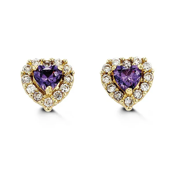 14KT YELLOW GOLD HEART WITH PINK CZ BABY EARRINGS Taylors Jewellers Alliston, ON
