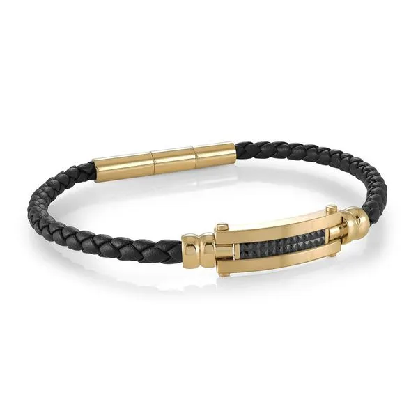 Black Leather and Gold IP Stainless Steel Bracelet Taylors Jewellers Alliston, ON