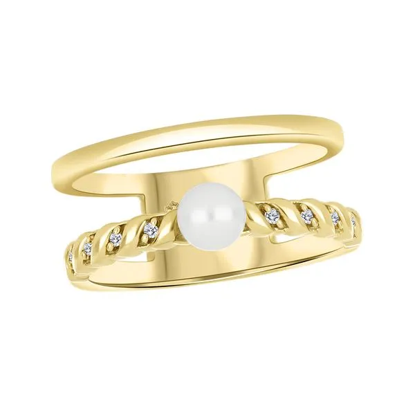 10K Yellow Gold Pearl with Diamond Smooth & Twisted Double Band Ring Taylors Jewellers Alliston, ON