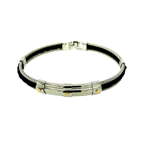 Stainless Steel Cable Mens Bracelet with Yellow Gold Plated Accents and Leather Taylors Jewellers Alliston, ON
