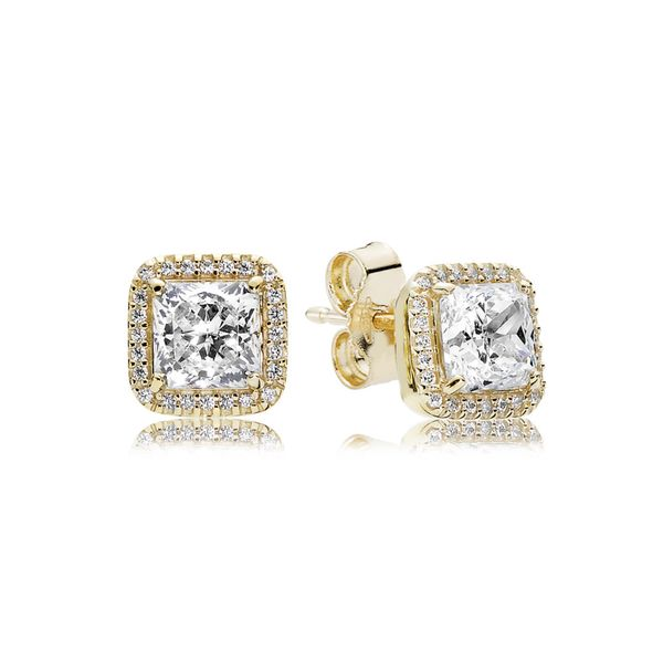 PANDORA 250327CZ Square Sparkle 14kt Yellow Gold Halo Earrings Taylors Jewellers Alliston, ON