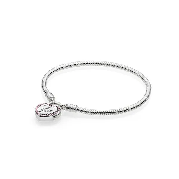 PANDORA 596586FPC-19 Moments Heart Padlock Clasp Snake Chain Bracelet Size 7.5 Taylors Jewellers Alliston, ON