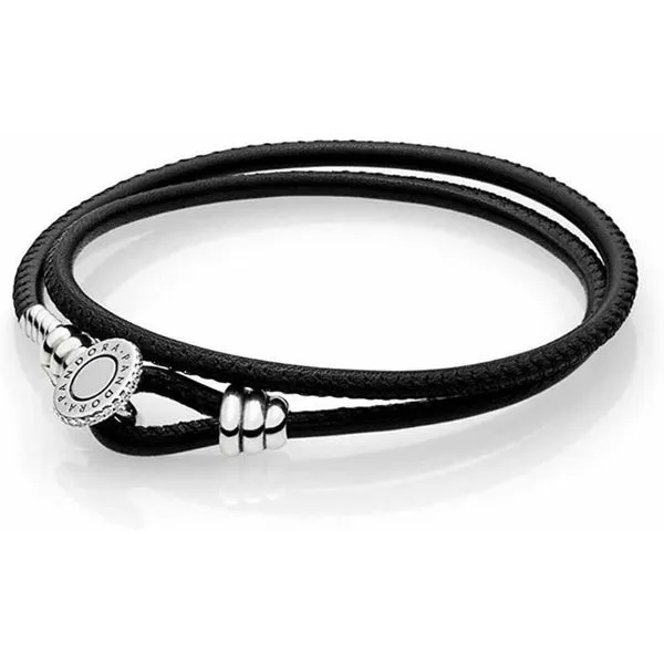 PANDORA 597194CBK-D2 DOUBLE LEATHER BLACK BRACELET SIZE 15 Taylors Jewellers Alliston, ON