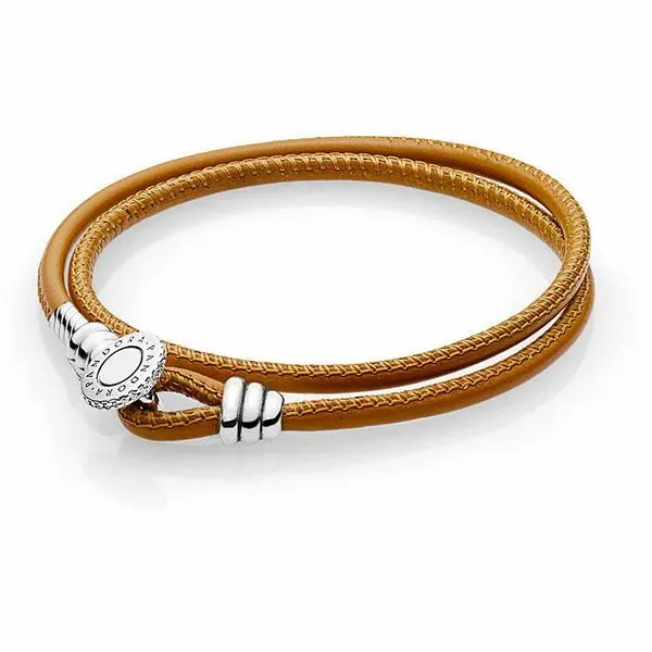 PANDORA 597194CBK-D2 DOUBLE LEATHER TAN BRACELET SIZE 15 Taylors Jewellers Alliston, ON