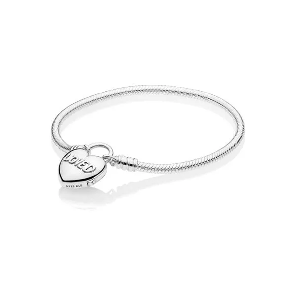 PANDORA 597806-17 SILVER SNAKE CHAIN BRACELET AND HEART PADLOCK CLASP Taylors Jewellers Alliston, ON