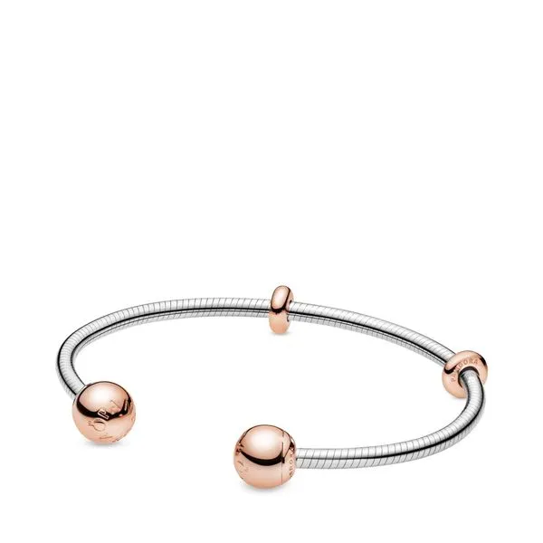 PANDORA 588291-3 STERLING SILVER OPEN BANGLE WITH PANDORA ROSE SILICONE STOPPERS AND INTERCHANGEABLE END CAPS Taylors Jewellers Alliston, ON