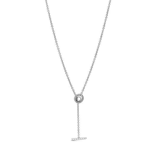 PANDORA 399050C01-80 Pave Circle Logo T-Bar Heart Necklace Size 31.5