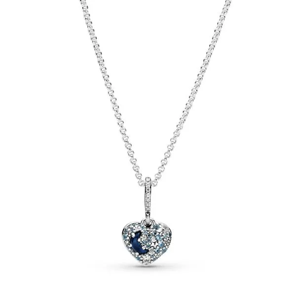 PANDORA 399232C01-50 Sparkling Blue Moon & Stars Heart Necklace Size 19.7