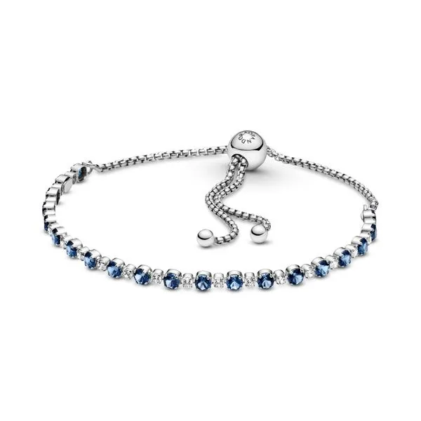 PANDORA 599377C01-1 Rhodium plated sterling silver bracelet with moonlight blue crystal and clear cubic zirconia Taylors Jewellers Alliston, ON