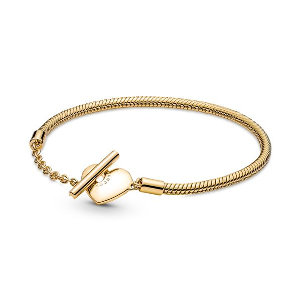 PANDORA 569285C00-17 Snake chain 14 gold-plated T-bar heart bracelet Size 17 Taylors Jewellers Alliston, ON