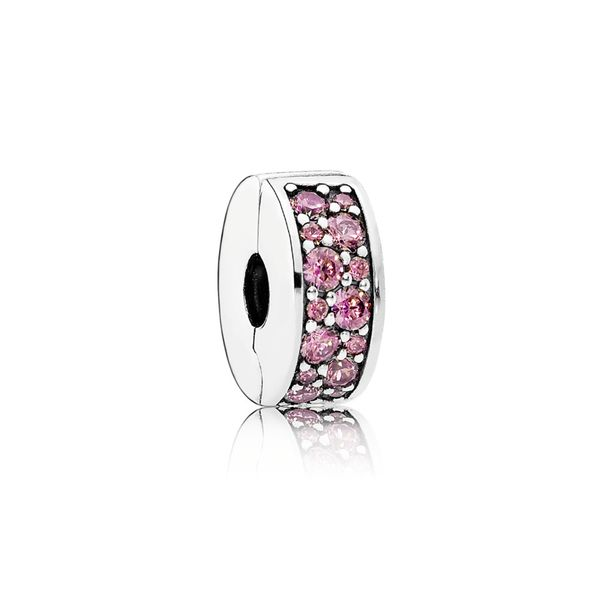 PANDORA 791817HCZ CLIP SHINING ELEGANCE WITH HONEYSUCKLE PINK CZ AND SILICONE GRIP Taylors Jewellers Alliston, ON