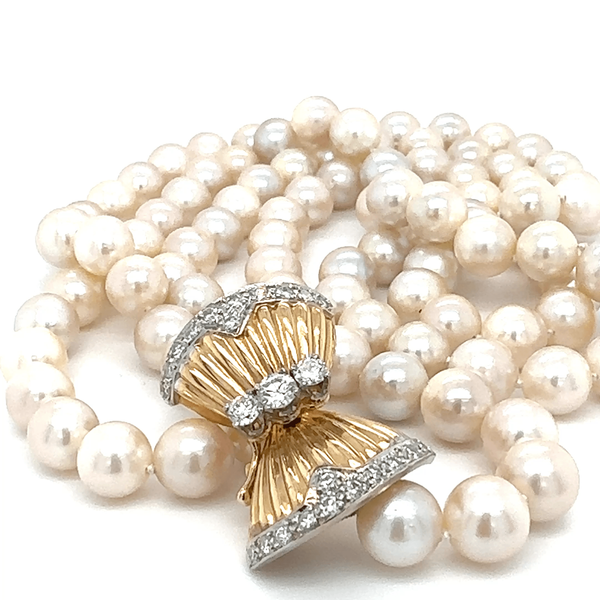 Gold & Diamond Clasp Akoya Necklace Opera Length Taylors Jewellers Alliston, ON