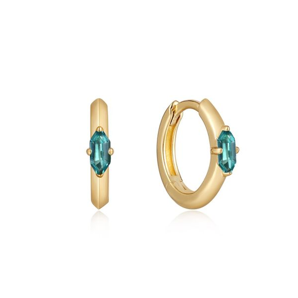 Ania Haie E041-04G-G Gold Teal Sparkle Emblem Huggie Hoop Earrings Taylors Jewellers Alliston, ON