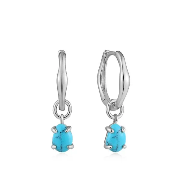 E044-05H Ania Haie Silver Turquoise Drop Wave Huggie Hoop Earrings Taylors Jewellers Alliston, ON