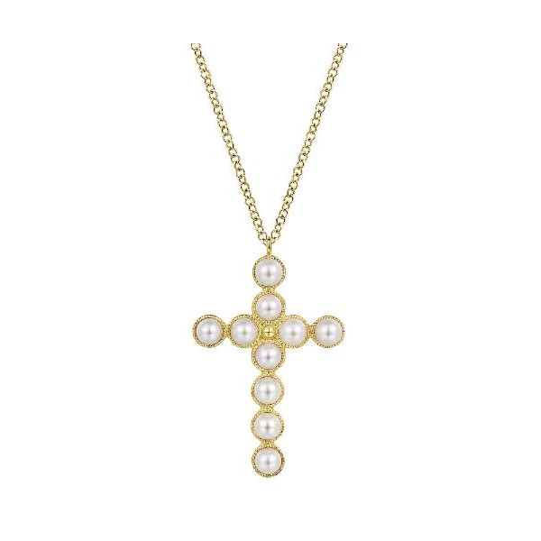 14K Yellow Gold Pearl Cross Pendant Necklace Tena's Fine Diamonds and Jewelry Athens, GA