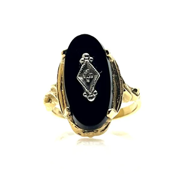 10Kt Yellow Gold Onyx Navette Ring with Diamond Tena's Fine Diamonds and Jewelry Elberton, GA