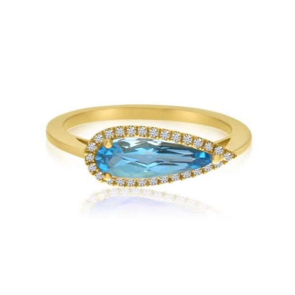 14Kt Yellow Elongated Pear Blue Topaz and Diamond Semi Precious Ring Tena's Fine Diamonds and Jewelry Athens, GA