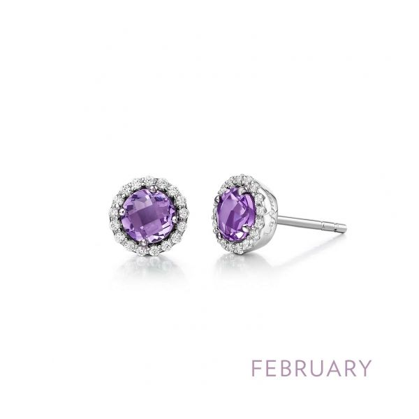 February Birthstone Earrings with Genuine Amethyst and Simulated Diamond Halo Earrings, Sterling Silver bonded in Platinum by La Tena's Fine Diamonds and Jewelry Athens, GA