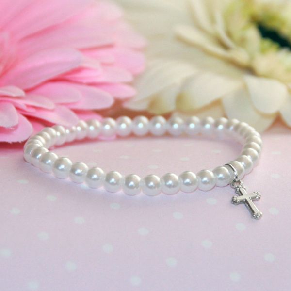 5" Sterling Silver Cross & Simulated Pearl Bracelet Tena's Fine Diamonds and Jewelry Athens, GA
