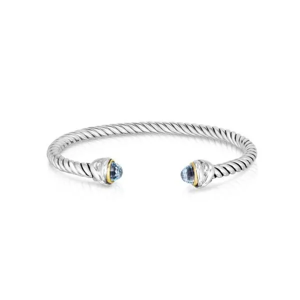 18ky & Silver Italian Cable Bangle Cuff with Blue Topaz Tena's Fine Diamonds and Jewelry Athens, GA