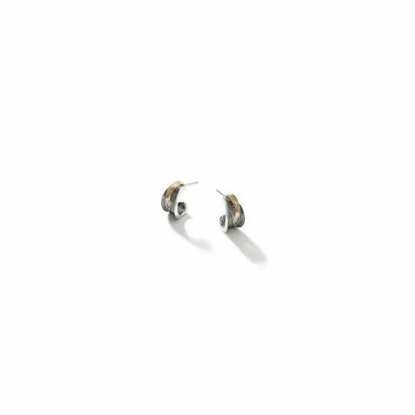 18K Yellow Gold and Silver Bamboo Striated J Hoop Earring Tena's Fine Diamonds and Jewelry Athens, GA