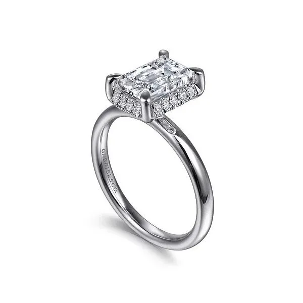 Symphony - 14K White Gold Emerald Cut Hidden Halo Diamond and 2 2mm Plain Shank *Setting only, center stone not included Image 3 Texas Gold Connection Greenville, TX